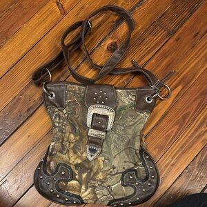 Camouflage and Brown Studded Women's Shoulder Bag